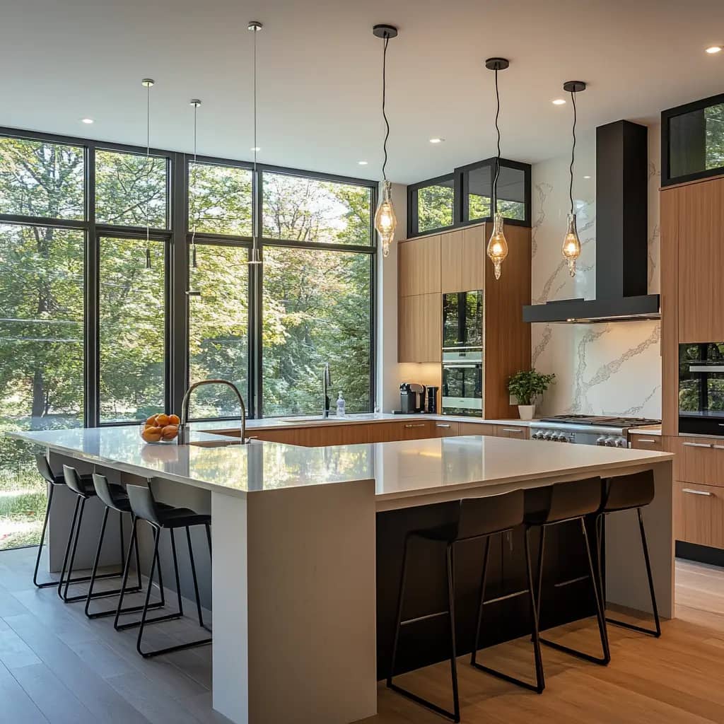 Modern kitchen with quartz countertops, island, and pendant lighting